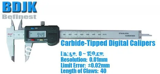 0~150mm Carbide-Tipped Digital Caliper / Calipers / Measuring Tool / Instrument with 0.02mm Limit Error
0~150mm Carbide-Tipped Digital Caliper / Calipers / Measuring Tool / Instrument with 0.02mm Limit Error