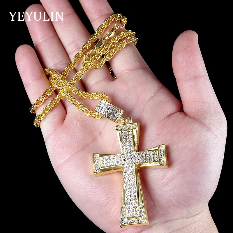 Hip Hop Golden Cross Pendant Necklace With Rhinestone Metal Women Men Drills Alloy Cross Long Sweater Chain Necklace Jewelry
Hip Hop Golden Cross Pendant Necklace With Rhinestone Metal Women Men Drills Alloy Cross Long Sweater Chain Necklace Jewelry