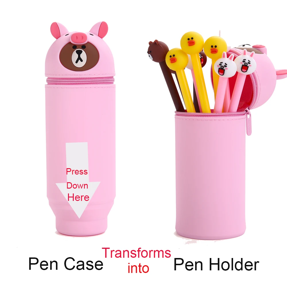 

Q UNCLE Pencil Case Telescopic Pink Pig Pencil Bag 3D Cartoon Silica Gel Fashion Pen Case School Supplies Gift for Kids