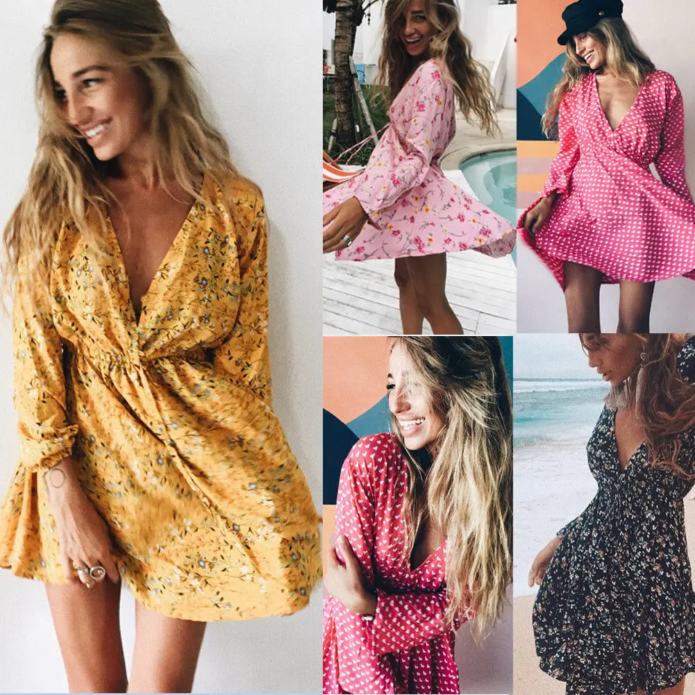 Summer Beach Floral Print Dot Bohemian Sexy Short Mini Dress Women V Neck Robe Evening Party Dresses Sundress
Summer Beach Floral Print Dot Bohemian Sexy Short Mini Dress Women V Neck Robe Evening Party Dresses Sundress