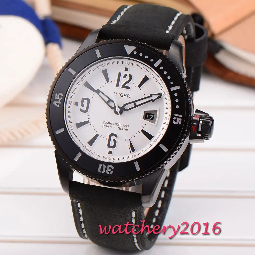 Newest 43mm Bliger white dial black PVD case mineral crystal date miyota Automatic movement Mechanical Wristwatches Men's Watch
Newest 43mm Bliger white dial black PVD case mineral crystal date miyota Automatic movement Mechanical Wristwatches Men's Watch