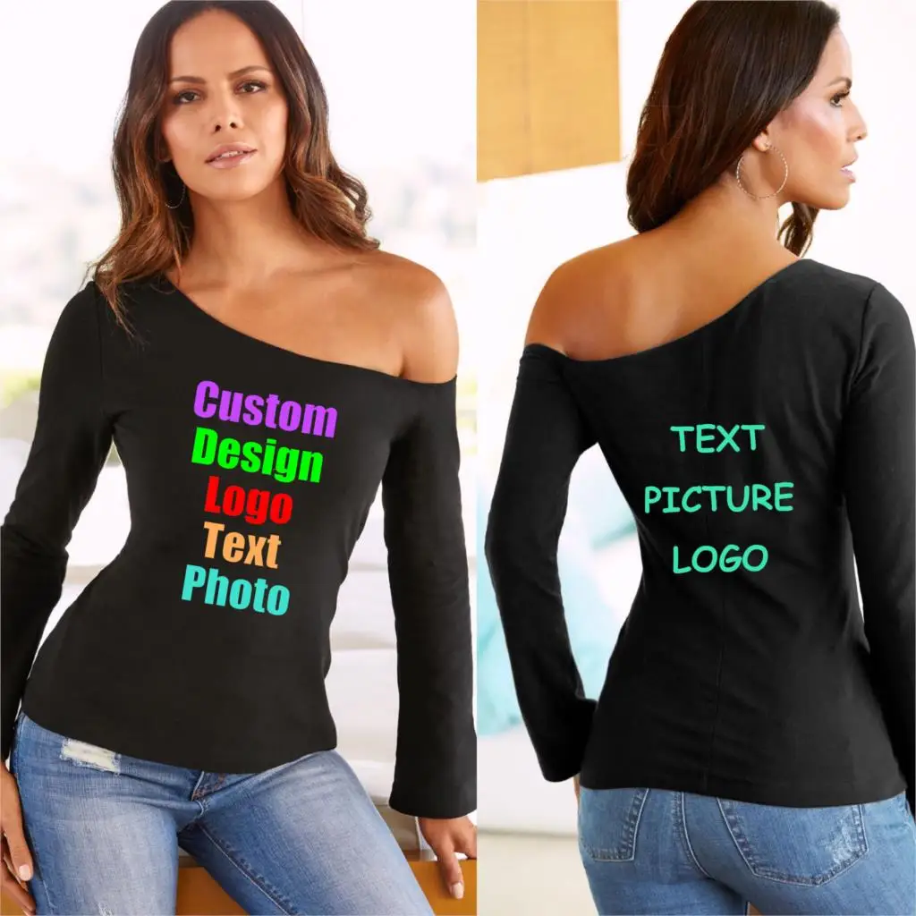 Sexy Custom Logo Phot Text printed Hot Selling Slash Neck Long Sleeve Female Autumn Slim Women T shirt DIY Design Team Lady Tops
Sexy Custom Logo Phot Text printed Hot Selling Slash Neck Long Sleeve Female Autumn Slim Women T shirt DIY Design Team Lady Tops