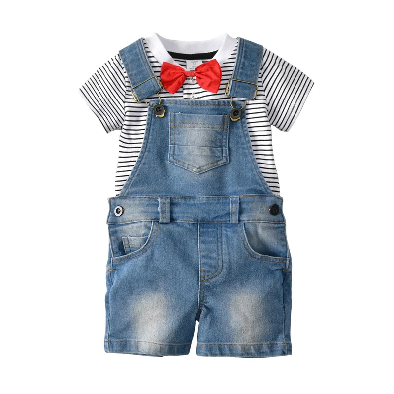 Summer Kids Boys Clothing Sets Short Sleeve Striped T-shirt + Demin Suspenders Shorts Baby Children Outfits 2PCS Gentleman Suits
Summer Kids Boys Clothing Sets Short Sleeve Striped T-shirt + Demin Suspenders Shorts Baby Children Outfits 2PCS Gentleman Suits