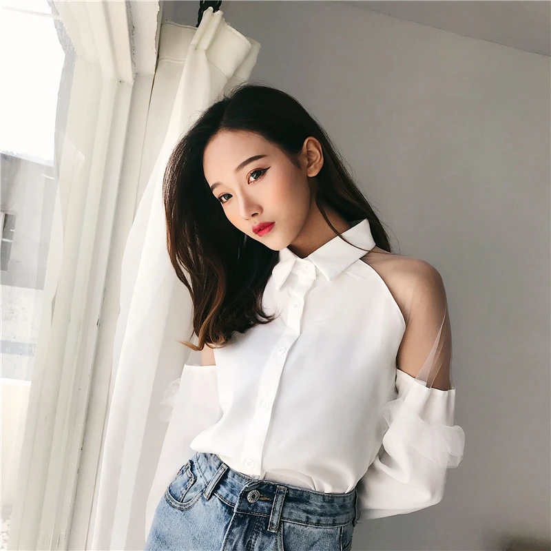 fashion trend New summer Women's Clothing solid turn-doen collar flare sleeve Net yarn Thin spliced temperament full tops Shirts
fashion trend New summer Women's Clothing solid turn-doen collar flare sleeve Net yarn Thin spliced temperament full tops Shirts