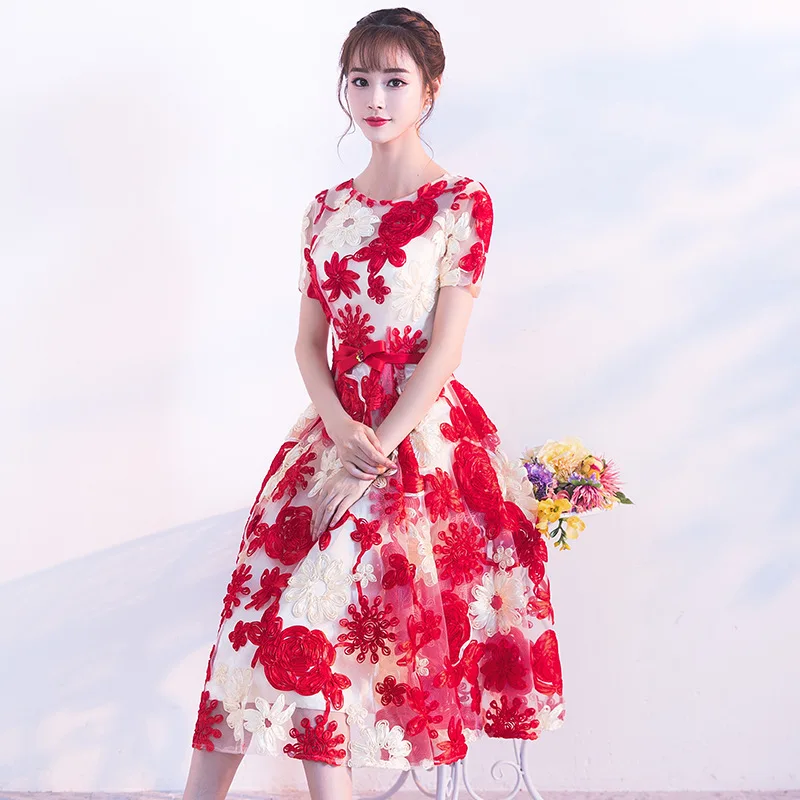 Кружевные Платья с цветочным узором для выпускного вечера короткие рукава длина