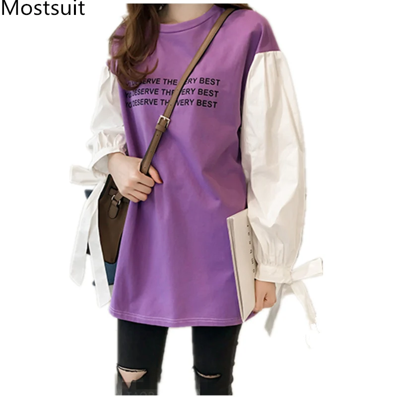 M-4xl Color-blocked Fake Two Piece Long T-shirts Women Casual Korean Lantern Sleeve Lace-up Bow T Shirts Tops Spring Autumn Tees
M-4xl Color-blocked Fake Two Piece Long T-shirts Women Casual Korean Lantern Sleeve Lace-up Bow T Shirts Tops Spring Autumn Tees