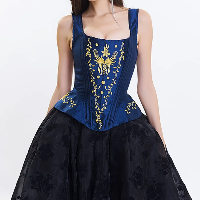 Blue Black Victorian Gothic Retro Overbust Corset Top Vest Sexy Embroidery Shoulder Strap Corsets And Bustiers Korsett For Women (2)