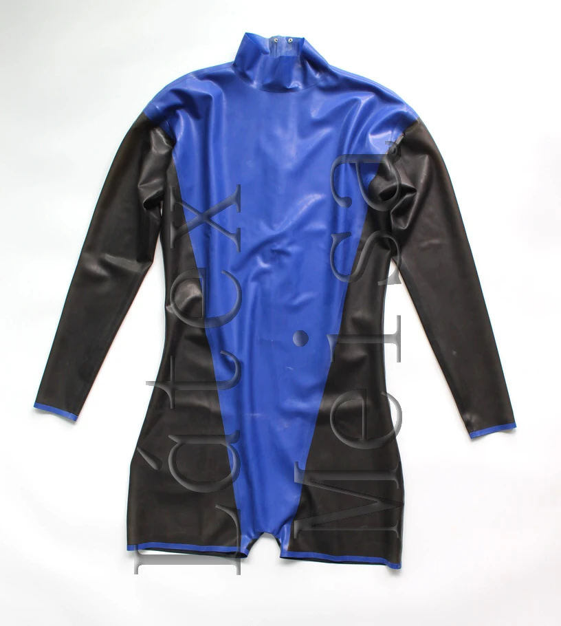 Men's long sleeve rubber catsuit latex tracking suit attached back zippers to waist main in blue with black trim color
Men's long sleeve rubber catsuit latex tracking suit attached back zippers to waist main in blue with black trim color