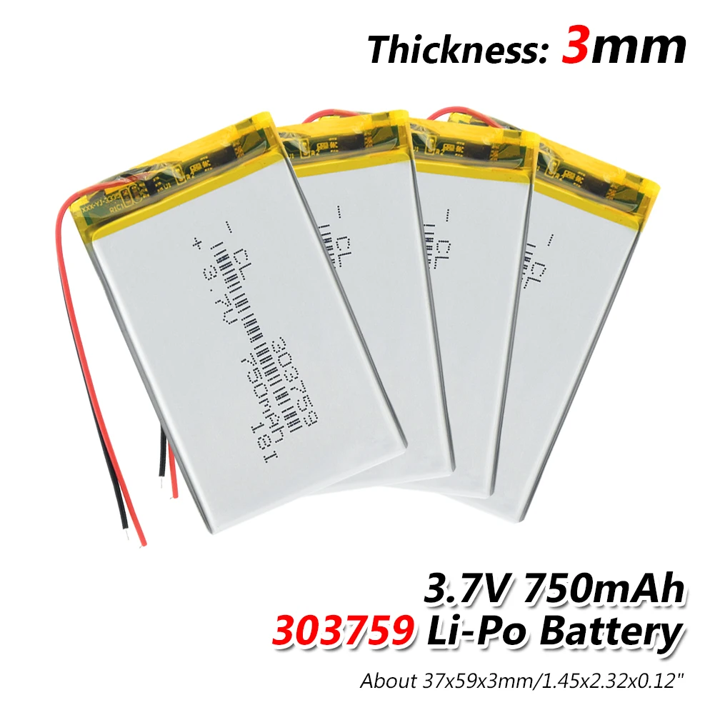 1/2/4 Pcs Li-po Lithium Ion Polymer Battery MP3 MP4 GPS DVD DVR MID Battery 3.7v 303759 750mAh Rechargeable Li-polymer Batteries
1/2/4 Pcs Li-po Lithium Ion Polymer Battery MP3 MP4 GPS DVD DVR MID Battery 3.7v 303759 750mAh Rechargeable Li-polymer Batteries