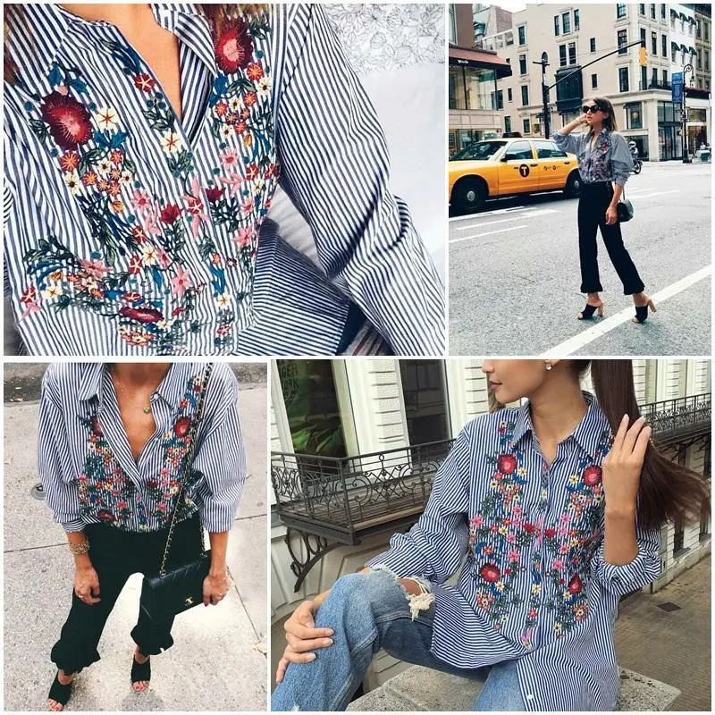 Women Floral Embroidered Casual Blouse Autumn Long Sleeve Striped Shirt Floral Tops Fashion (Us 10-16W)