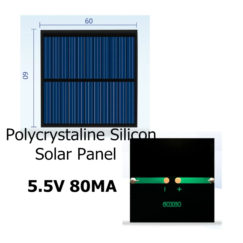 Mini Polycrystaline Silicon Solar Panel 5.5V 80MA for Charging 3.7V mobile battery power board
Mini Polycrystaline Silicon Solar Panel 5.5V 80MA for Charging 3.7V mobile battery power board