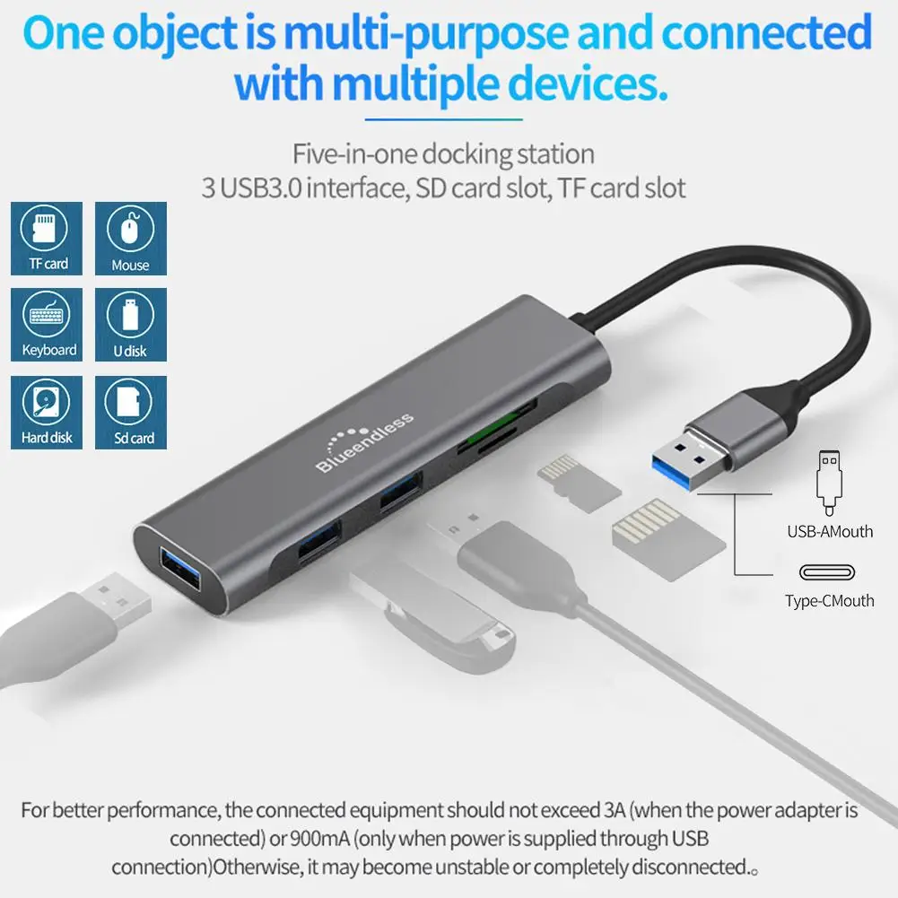 Blueendless Docking Station USB / TYPE-C Multifunction USB3.0 * 3 + TF And SD Card Slot 5 In 1 HUB Converter Rate 5Gbp / S
Blueendless Docking Station USB / TYPE-C Multifunction USB3.0 * 3 + TF And SD Card Slot 5 In 1 HUB Converter Rate 5Gbp / S