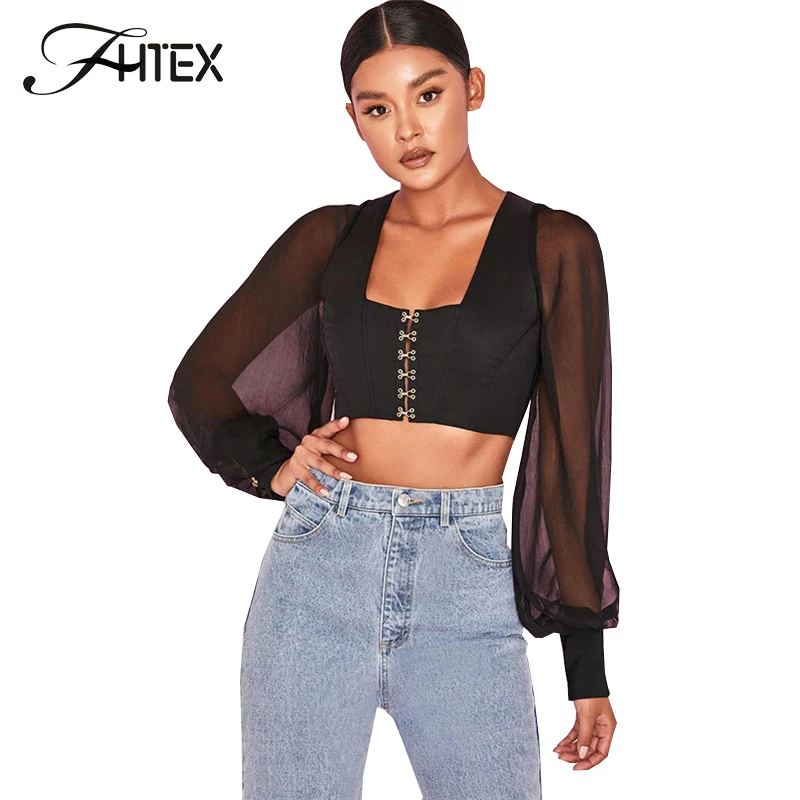 FHTEX Women Fashion Lantern Sleeve Chiffon Black Crop Top Sexy V Neck Slim Casual T Shirts Ladies Button Autumn Shirts Tops
FHTEX Women Fashion Lantern Sleeve Chiffon Black Crop Top Sexy V Neck Slim Casual T Shirts Ladies Button Autumn Shirts Tops