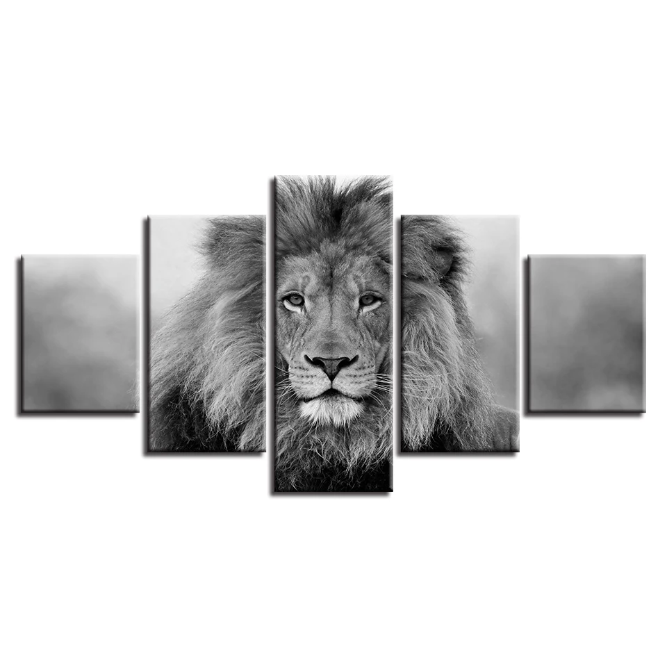 Черно белые Животные модульная холст фотографии Wall Art 5 шт. плакат со львом Декор