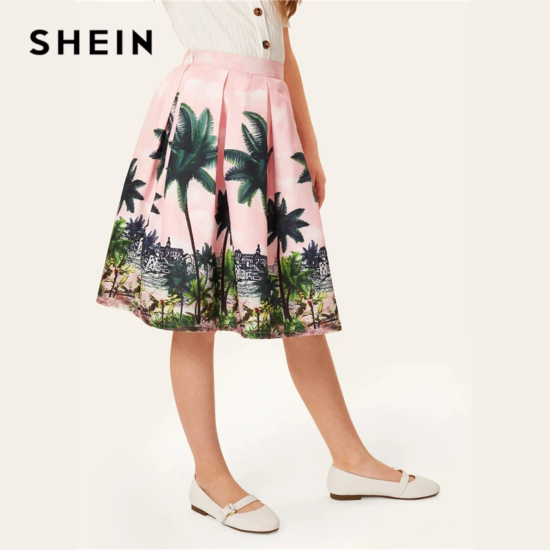 

SHEIN Kiddie Girl Elastic Waist Tropical Print Pleated Cute Skirt Kids Bottom 2019 Summer Holiday Knee Length Flared Boho Skirts