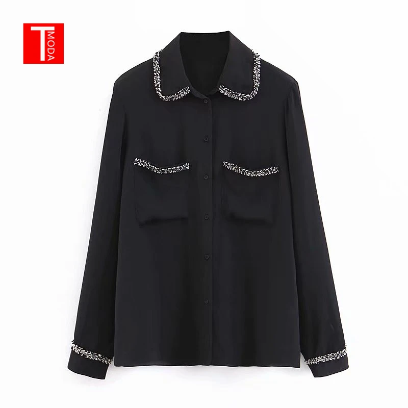 TMODA 2019 Women Black Chiffon Blouse Tweed Patchwork Pocket Long Sleeve Turn Down Collar Female Casual Shirts Chic Tops Blusas
TMODA 2019 Women Black Chiffon Blouse Tweed Patchwork Pocket Long Sleeve Turn Down Collar Female Casual Shirts Chic Tops Blusas