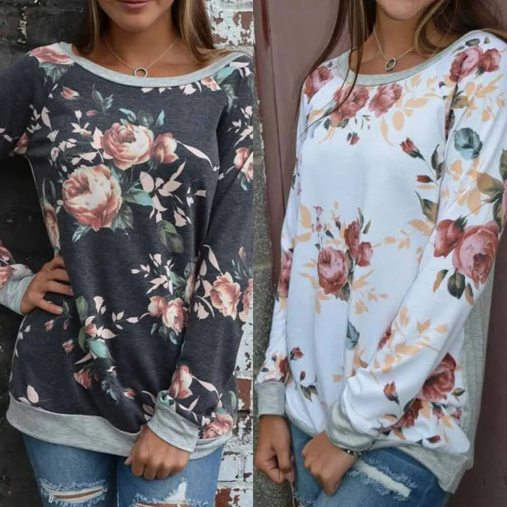 

Womens Casual Floral Splicing O-Neck Shirts Blouse Cotton Sweatshirt Long Sleeve Tops 2019 Cheap Clothes China blusa feminina