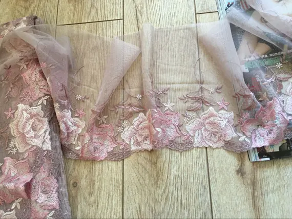 fine embroidered lace trim, tulle lace trim with colored embroidery, dusty pink mesh lace trim with pink peony rose
fine embroidered lace trim, tulle lace trim with colored embroidery, dusty pink mesh lace trim with pink peony rose