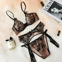 CINOON Women Underwear Lingerie Set Sexy Bra Brief Sets Push up Transparent Lace Embroidery Unlined Thin Bra + Panties + Garters image