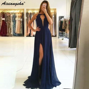 Sleeveless Scoop A line Lace Straps Backless Evening Gown Navy Blue Dress Party Long Simple High Slit Chiffon Prom Dress 2019
Sleeveless Scoop A line Lace Straps Backless Evening Gown Navy Blue Dress Party Long Simple High Slit Chiffon Prom Dress 2019