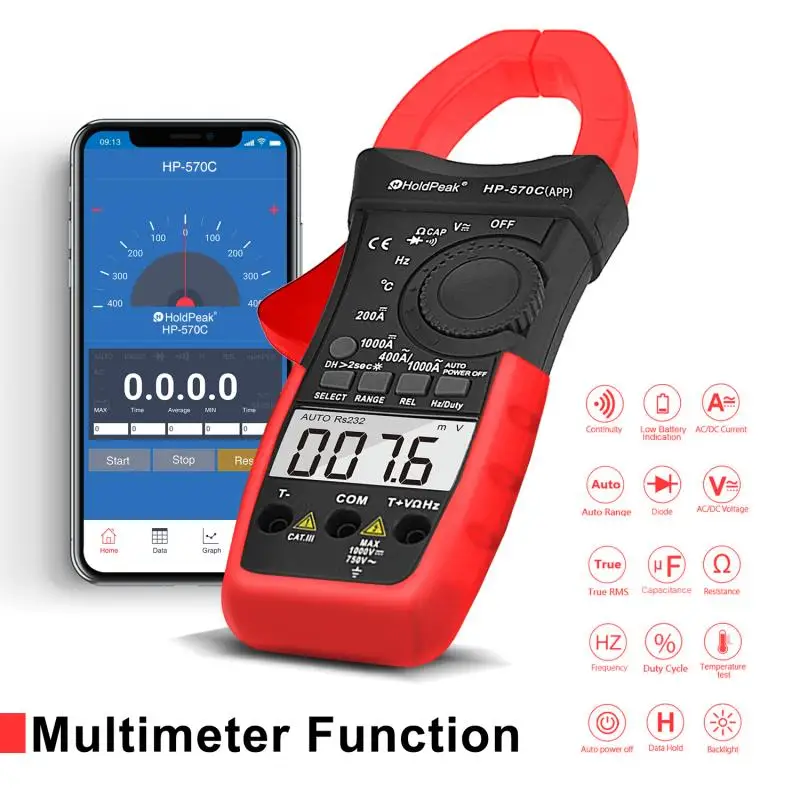 Digital Clamp Multimeter HP-570C-APP 1000A AC/DC Current Voltage Temperature Meter Link to Phone APP to Recored Data
Digital Clamp Multimeter HP-570C-APP 1000A AC/DC Current Voltage Temperature Meter Link to Phone APP to Recored Data