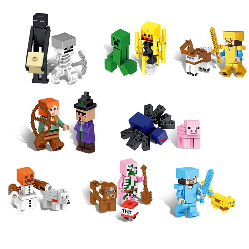 

16pcs LegoINGlys Minecrafted Blocks Alex Enderman Steve Skeleton Action Figures Compatible LegoINGlys Animals Bricks Kids Toys