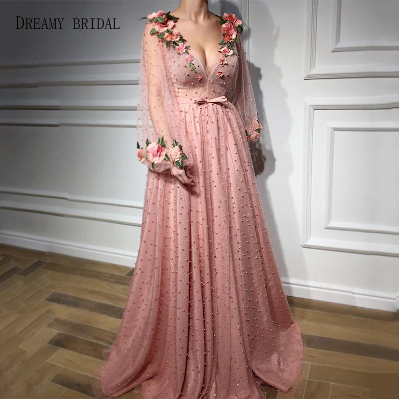 Свадебные Элегантные розовые вечерние платья с вышивкой и объемными цветами Robe De