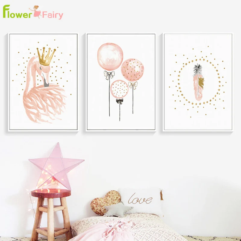 

Nursery Baby Girl Flamingo Feather Wall Art Canvas Poster and Print Cartoon Painting Wall Pictures for Living Room Unframed