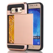 For Samsung Galaxy J5 J500 2015 Hybrid Case Slide Card Holder Dual Layer Hard Soft Armor Luxury Cover