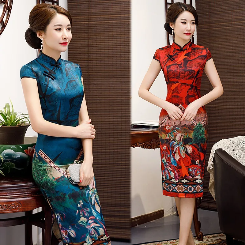 2019 Summer Knee Length Cheongsam Fashion Chinese style Dress Womens Rayon Qipao Slim Party Dresses Lady Button Vestido S-3XL
2019 Summer Knee Length Cheongsam Fashion Chinese style Dress Womens Rayon Qipao Slim Party Dresses Lady Button Vestido S-3XL