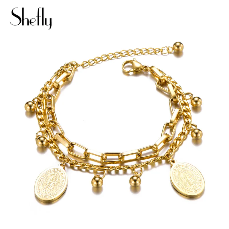 Stainless Steel Oval Jesus Bead Charm Bracelets Gold Multilayer Link Chain Lobster Fashion Jewelry Bracelet Bracciali Donna 2018
Stainless Steel Oval Jesus Bead Charm Bracelets Gold Multilayer Link Chain Lobster Fashion Jewelry Bracelet Bracciali Donna 2018