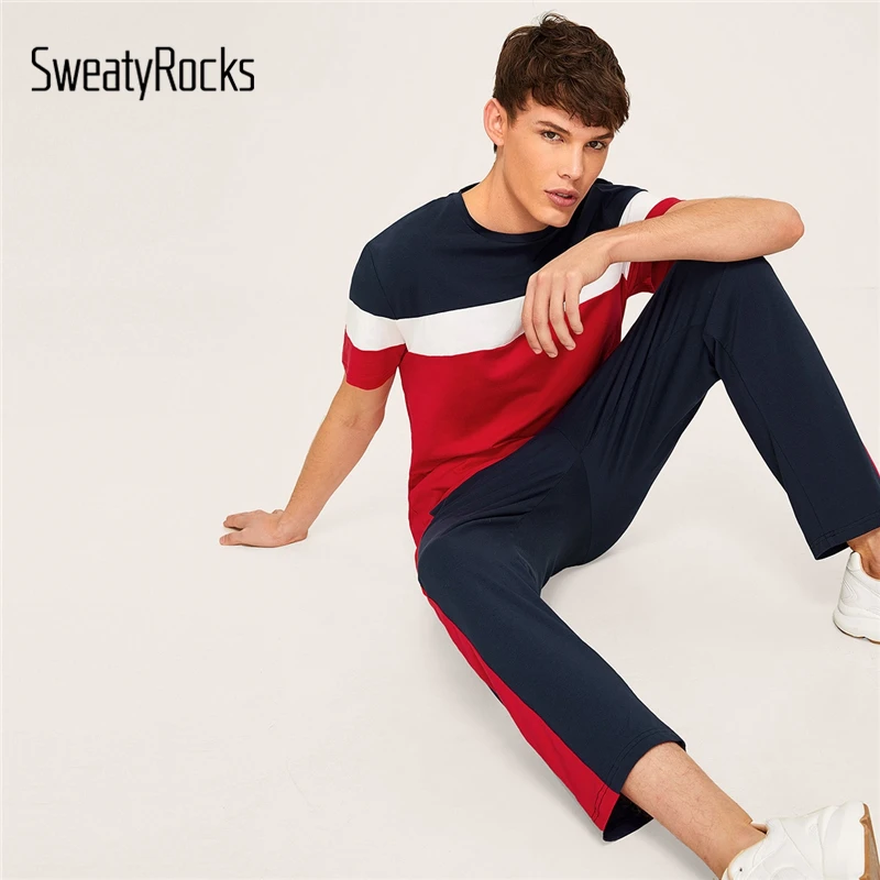 SweatyRocks Men Tracksuit Colorblock Tee and Drawstring Waist Tape Pants 2 Piece Set 2019 Summer Mens Active Wear Two Piece Sets
SweatyRocks Men Tracksuit Colorblock Tee and Drawstring Waist Tape Pants 2 Piece Set 2019 Summer Mens Active Wear Two Piece Sets