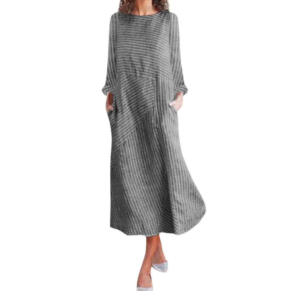 Women Casual Striped Print Long Sleeve Dress Crew Neck Linen Pocket Long Dress Loose empier Attractive
Women Casual Striped Print Long Sleeve Dress Crew Neck Linen Pocket Long Dress Loose empier Attractive