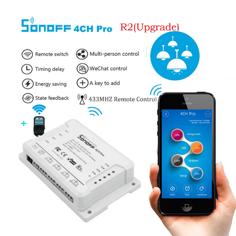 SONOFF 4CH Pro R2 Wireless Multi-channel WIFI Switch For Smart House Home Automation Module Controller 433mHz Remote Control
SONOFF 4CH Pro R2 Wireless Multi-channel WIFI Switch For Smart House Home Automation Module Controller 433mHz Remote Control