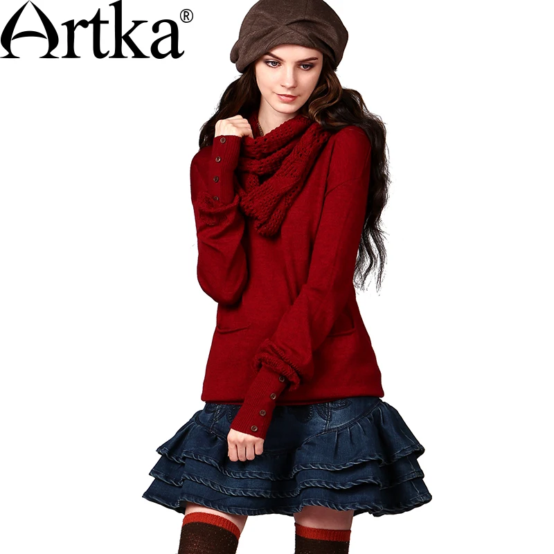 ARTKA Women's Autumn Vintage V-Neck Lantern Full Sleeve Knitwear Solid Color Sweater With Removeable Infinity Scarf YB14648D
ARTKA Women's Autumn Vintage V-Neck Lantern Full Sleeve Knitwear Solid Color Sweater With Removeable Infinity Scarf YB14648D