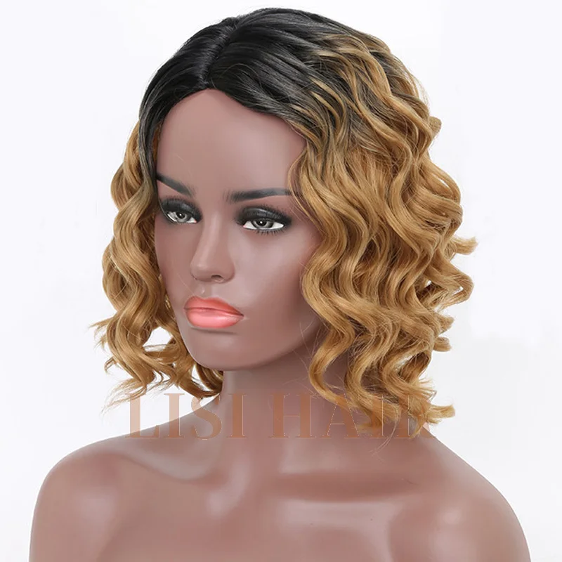 LISIHAIR Short Curly Wig Black Ombre Blonde Wigs Synthetic Wigs For Black Women (2)