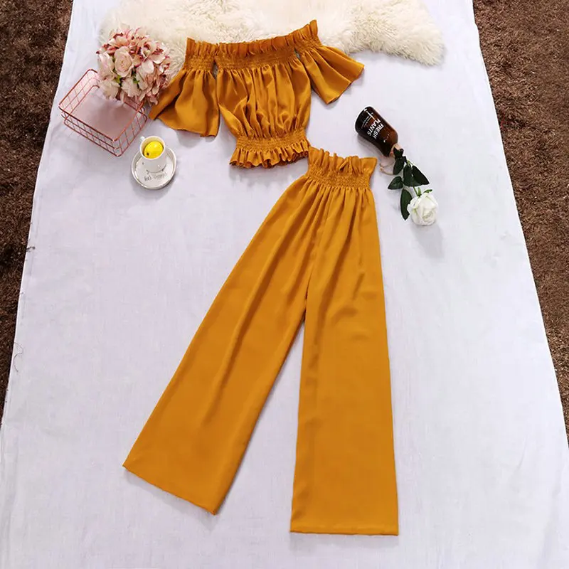 2019 summer new women solid slash neck flare sleeve ruffles chiffon shirt + high waist wide leg pants suit female two piece sets
2019 summer new women solid slash neck flare sleeve ruffles chiffon shirt + high waist wide leg pants suit female two piece sets