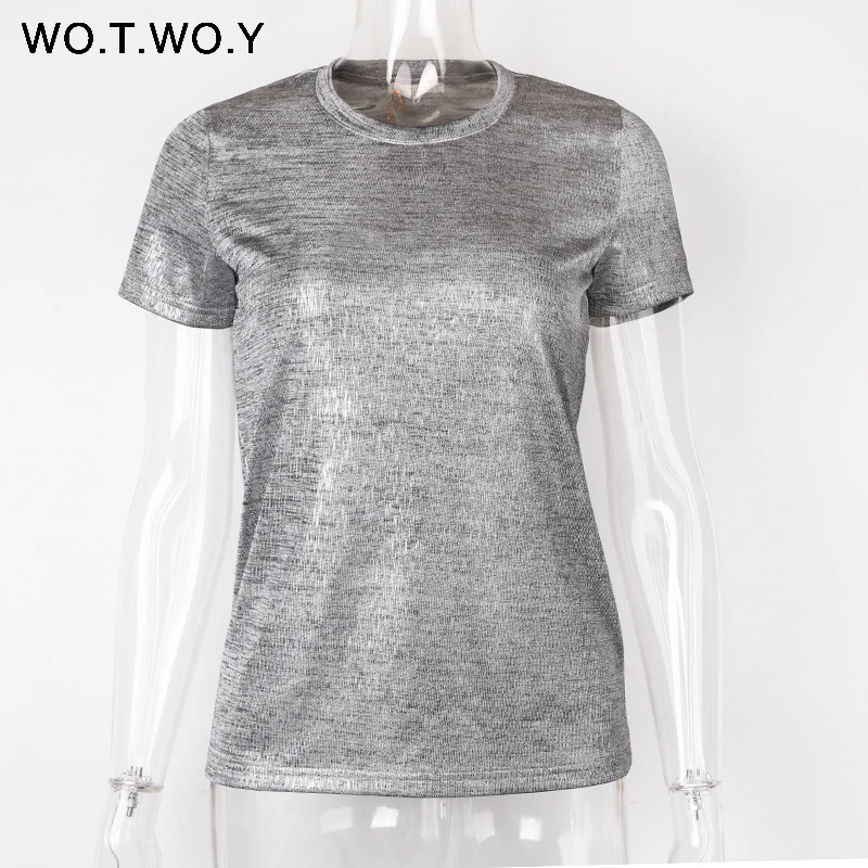 WOTWOY Silver Shiny Lurex Knitted T Shirts Women 2019 Summer Sexy Slim O-Neck Short Sleeve T shirt Woman Solid Tees Harajuku 18