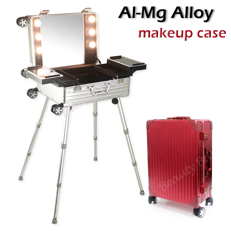 Pure Aluminum makeup case with lights, makeup station with lighted mirror and 4 legs
Pure Aluminum makeup case with lights, makeup station with lighted mirror and 4 legs