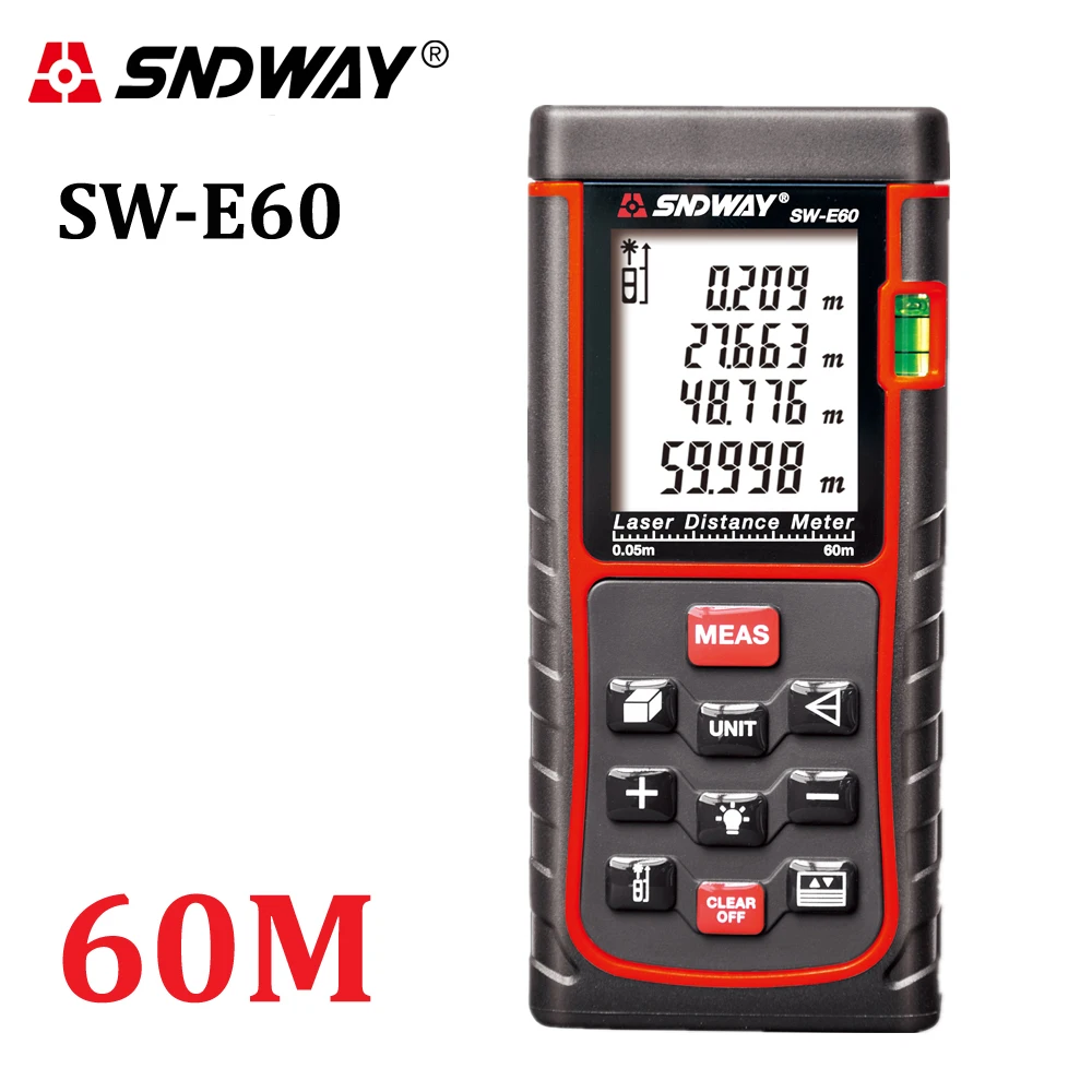 SNDWAY-E60 197ft Laser distance meter Rangefinder Digital Range Finder 60m Area-volume-Angle hunting laser measure tape tool
SNDWAY-E60 197ft Laser distance meter Rangefinder Digital Range Finder 60m Area-volume-Angle hunting laser measure tape tool