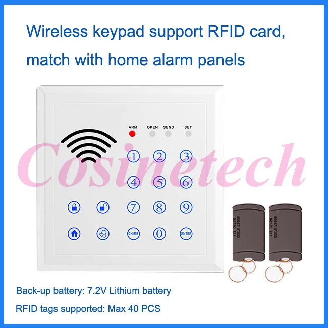 433MHZ wireless touch keypad,remote controlled password keyboard for Home alarm system,Access control keypad with RFID tag
433MHZ wireless touch keypad,remote controlled password keyboard for Home alarm system,Access control keypad with RFID tag
