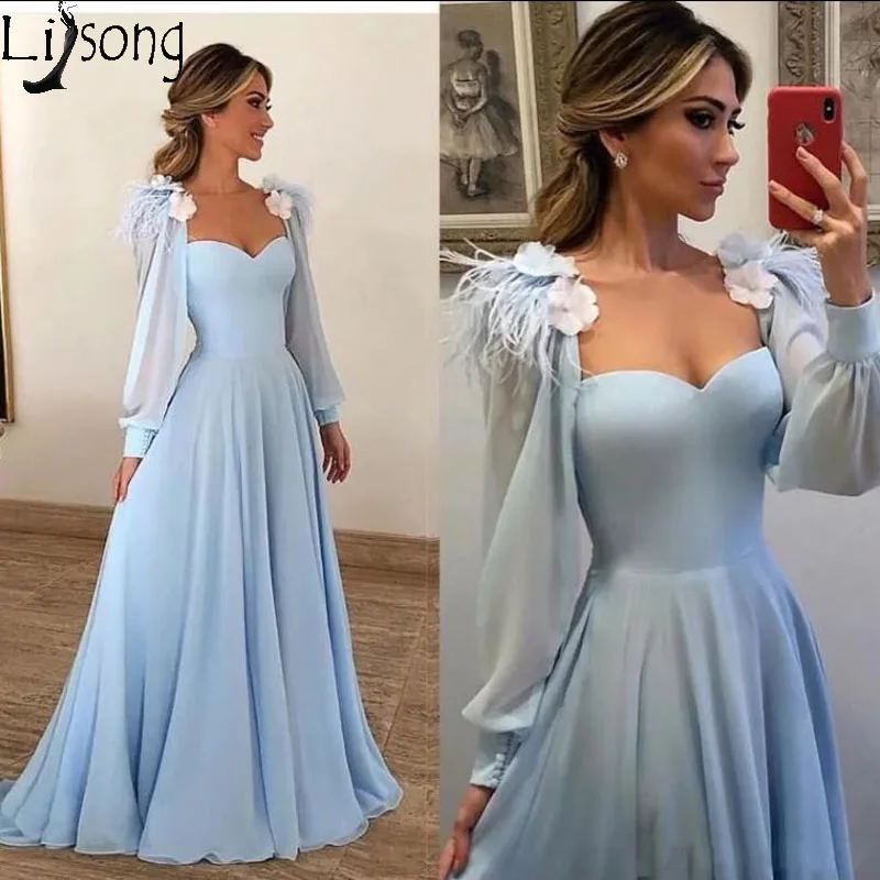 Light Blue Chiffon Prom Dresses Long Sleeves Feather Appliques Sweetheart Formal Dress Elegant Evening Party Gowns Zipper Up
Light Blue Chiffon Prom Dresses Long Sleeves Feather Appliques Sweetheart Formal Dress Elegant Evening Party Gowns Zipper Up