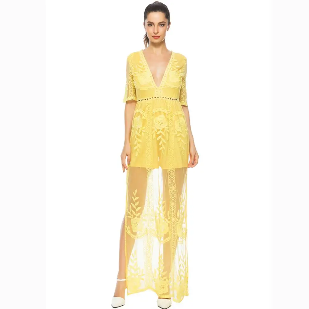 Women's Elegant Deep V Neck Embroidery Lace Hollow Long Dress High Quality Split Maxi Dresses
Women's Elegant Deep V Neck Embroidery Lace Hollow Long Dress High Quality Split Maxi Dresses