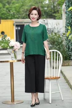 New arrival summer women's linen cotton suit set two pieces casual loose female solid color embroidery suits set with pants 
New arrival summer women's linen cotton suit set two pieces casual loose female solid color embroidery suits set with pants