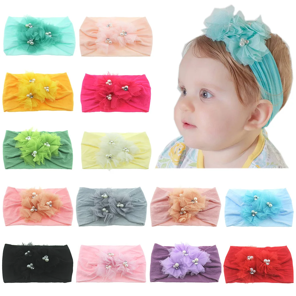 

New Baby Wide Nylon Stockings Headband Three Mesh Flowers Knot Headwraps Children Party Photography Props Birthday Gifts