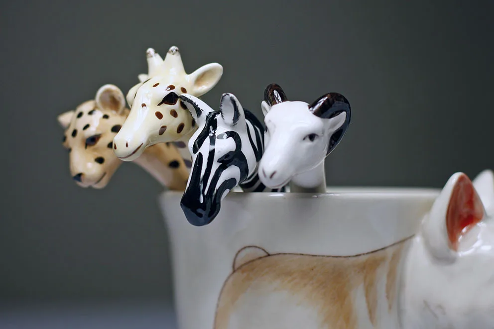 3D ЖИВОТНЫХ ЛОЖКИ (4 ШТ.) Животных керамические мороженое кофе мешалкой маленькая