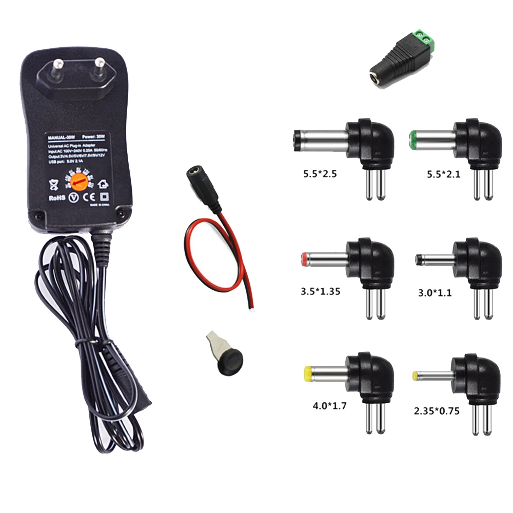 

100-240V TO 3V,4.5V,5V,6V,7.5V,9V,12V 30W Universal Adjustable AC/DC Charger Adapter Switching Power Supply +5V 2.1A USB Port