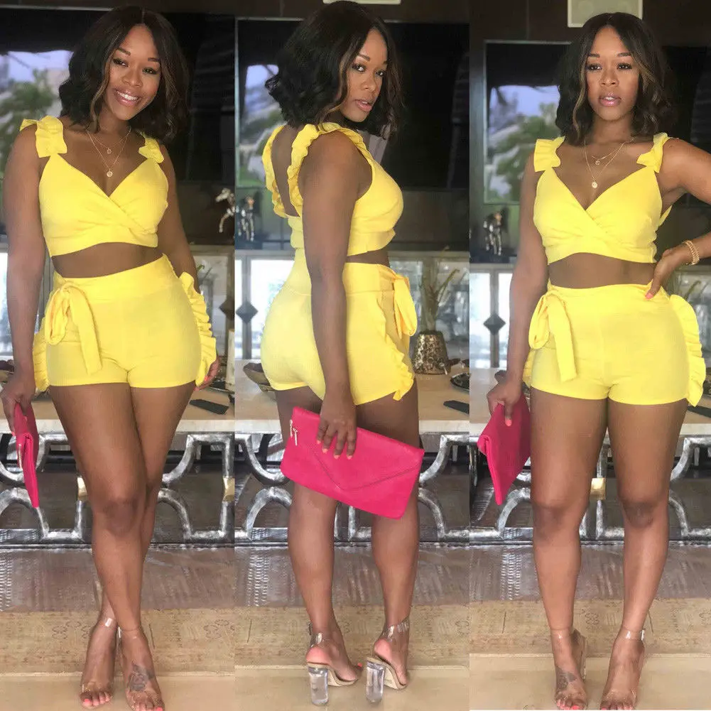 Women Summer Casual Clothes Set Fashion Women's Ruffle Crop Top Shorts Two Pieces Set Outfits Ladies Yellow Summer Clothing Set
Women Summer Casual Clothes Set Fashion Women's Ruffle Crop Top Shorts Two Pieces Set Outfits Ladies Yellow Summer Clothing Set