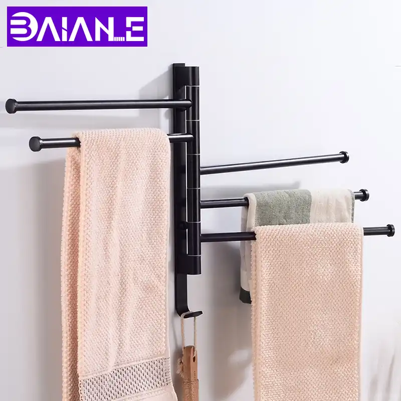 Towel Holder Black With Hooks Wall Mounted Bathroom Towel Rack