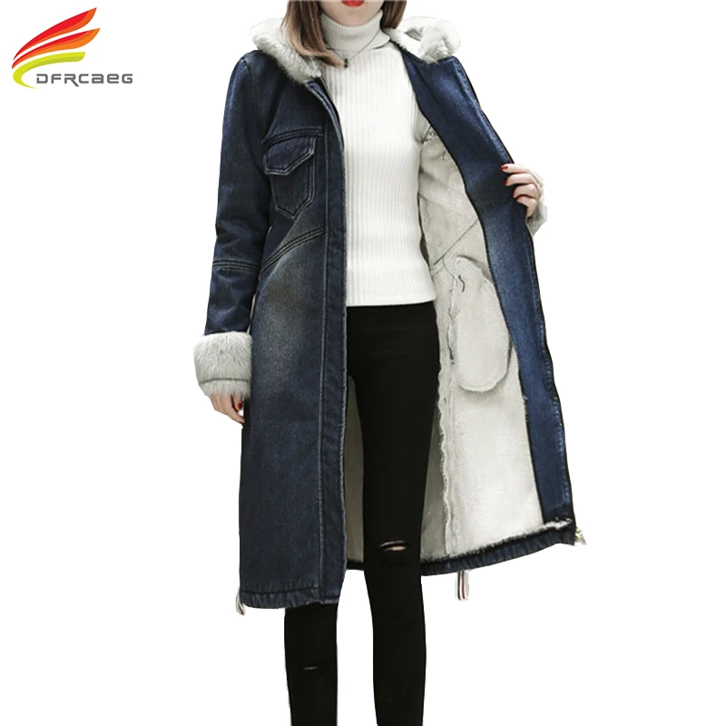 Плюс Размеры XL-5xl зимняя куртка Для женщин с капюшоном длинные Джинсовые куртки